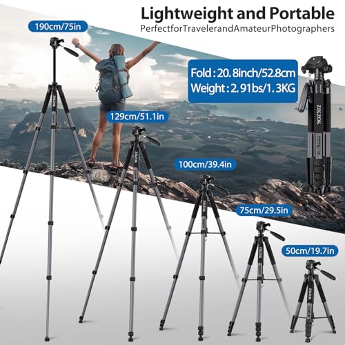 ZIKZOK 75" Camera Tripod, Heavy Duty Aluminum Camera Stand for ipad Phone, Travel Tripod with Remote/Carry Bag/Phone Tablet Holder, Compatible with DSLR, Spotting Scopes, Max Load 15 Lb(Grey) - Image 3