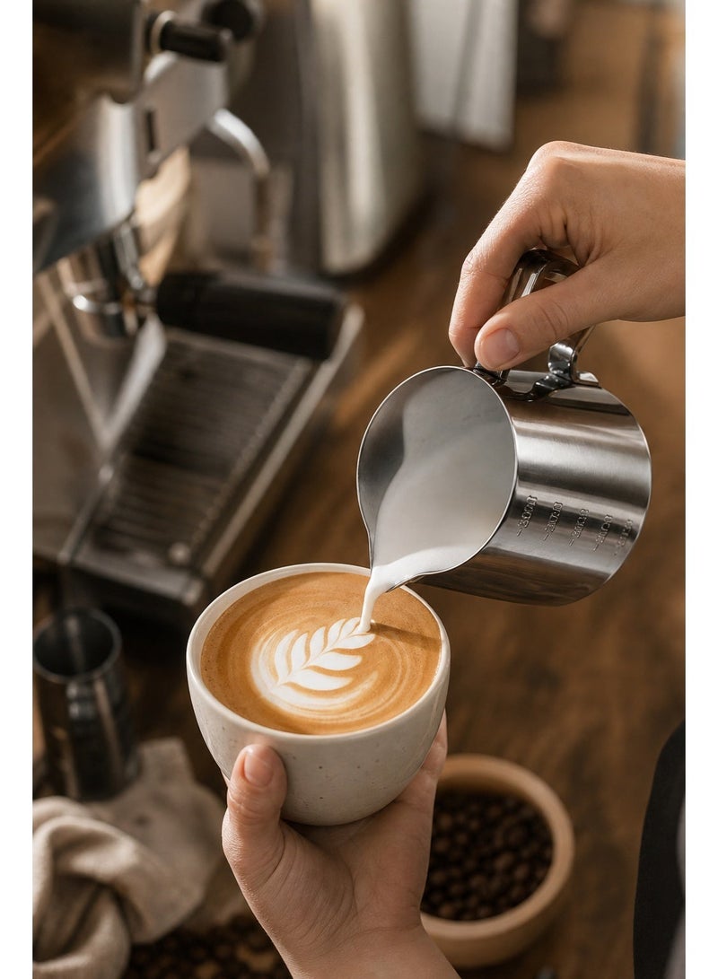 Milk Frothing Pitcher, 304 Stainless Steel Latte Art Pitcher, Precise Spout for Smooth Pouring, Heat-Resistant Handle, Clear Scale for Coffee Ratio, Suitable for Arabic & Italian Coffee Lovers, Baristas, Cafes, Tea Houses & Offices, (350ML) - Image 2