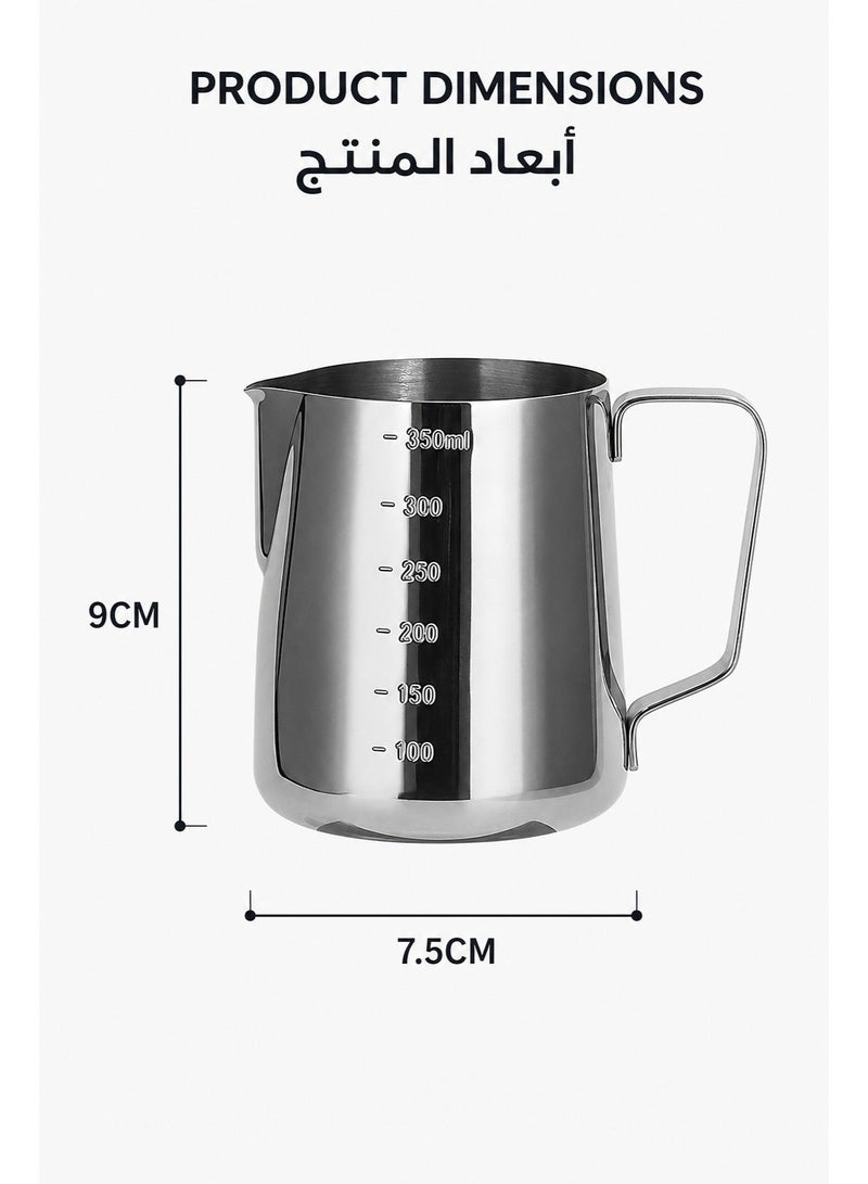 Milk Frothing Pitcher, 304 Stainless Steel Latte Art Pitcher, Precise Spout for Smooth Pouring, Heat-Resistant Handle, Clear Scale for Coffee Ratio, Suitable for Arabic & Italian Coffee Lovers, Baristas, Cafes, Tea Houses & Offices, (350ML) - Image 5
