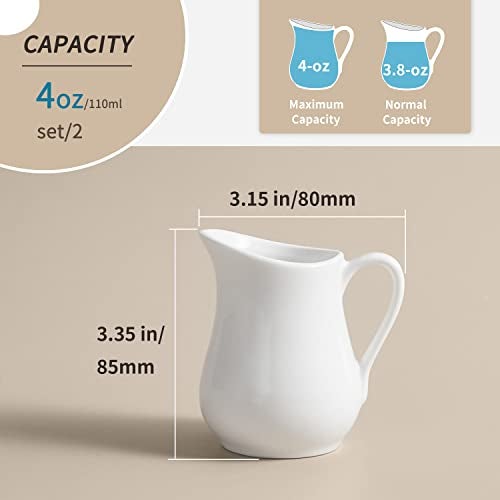 Gurygo 2 Pack 4 Oz Classic White Ceramic Small Creamer Pitcher with Handle- Fine Porcelain Small Milk Pitcher - Ceramic Creamer Container for Coffee Milk Sauces Salad, Microwave & Freezer Safe - Image 2