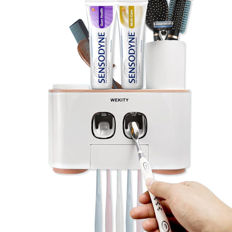 Toothbrush Holder Wall Mounted WEKITY MultiFunctional Toothbrush and Toothpaste Dispenser for Bathroom with 5 Toothbrush Slots 2 Toothpaste Squeezers and 4 CupsPink