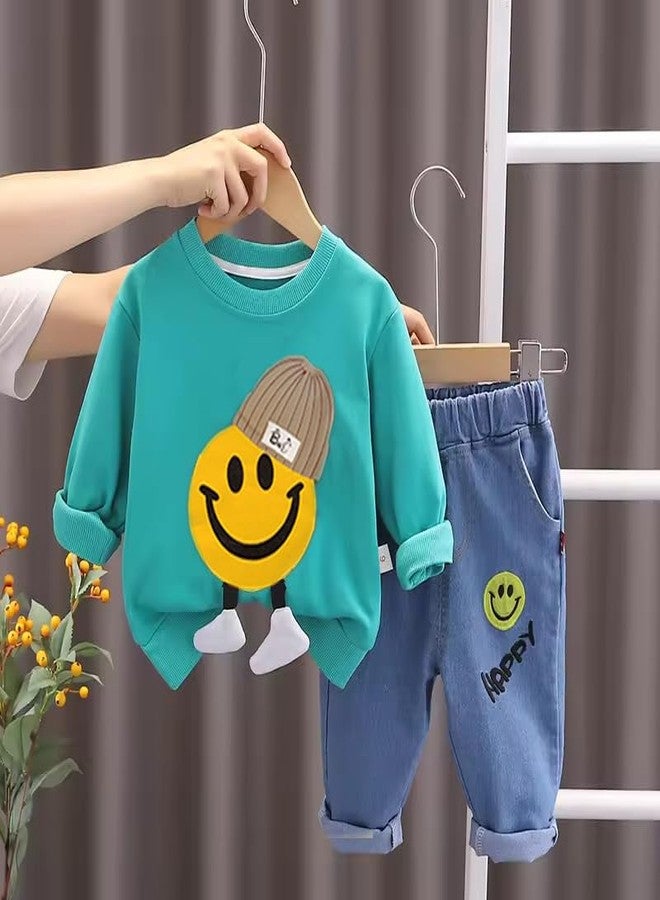 Bold N Elegant Kid's Full Sleeve T-shirt with 3D Smiley Cartoon Toy and Denim Jogger Pant Classy Party Clothing Set for Infant Toddler Teedler Boys (Green, 5-6 Years) - Image 2