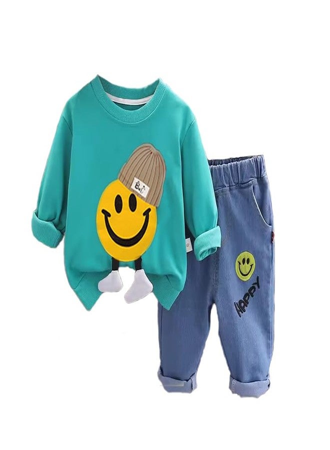 Bold N Elegant Kid's Full Sleeve T-shirt with 3D Smiley Cartoon Toy and Denim Jogger Pant Classy Party Clothing Set for Infant Toddler Teedler Boys (Green, 5-6 Years) - Image 1
