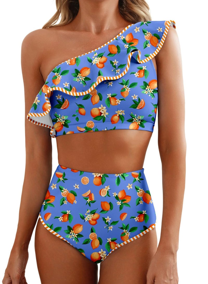 Herseas Women's One Shoulder Bikini Sets Ruffle Hem Swim Suits 2026 Modest Wire Free Bathing Suits Blue Lemon Vacation Outfits Large - Image 1