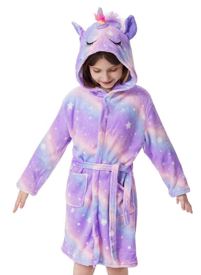 ACTLATI Girls Robe Kids Hooded Bathrobe Unicorn Rainbow Star Leopard Toddler Bath Robe Warm Fuzzy Bathrobes Age 3-8 - Image 1
