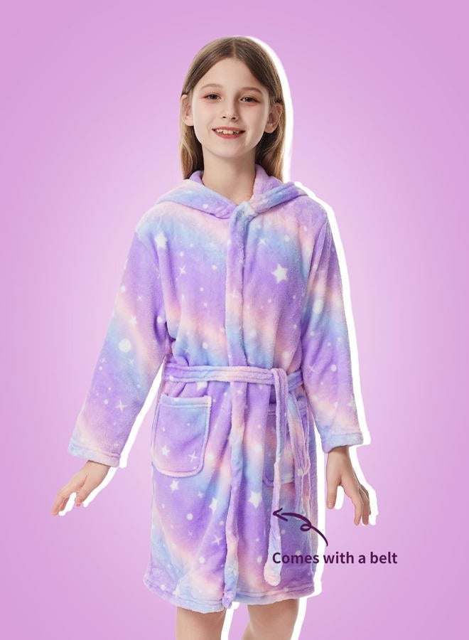 ACTLATI Girls Robe Kids Hooded Bathrobe Unicorn Rainbow Star Leopard Toddler Bath Robe Warm Fuzzy Bathrobes Age 3-8 - Image 2