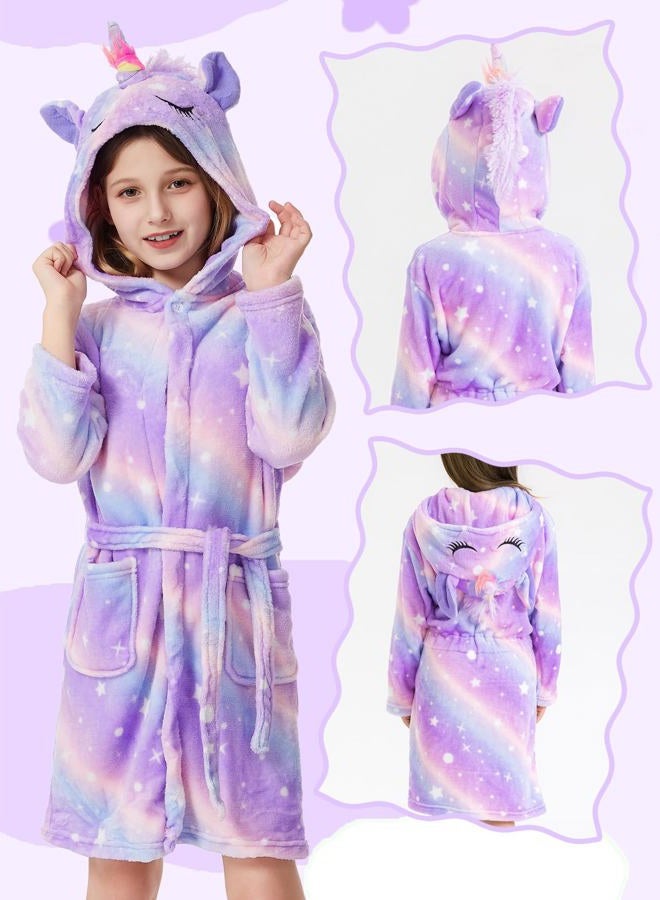 ACTLATI Girls Robe Kids Hooded Bathrobe Unicorn Rainbow Star Leopard Toddler Bath Robe Warm Fuzzy Bathrobes Age 3-8 - Image 5