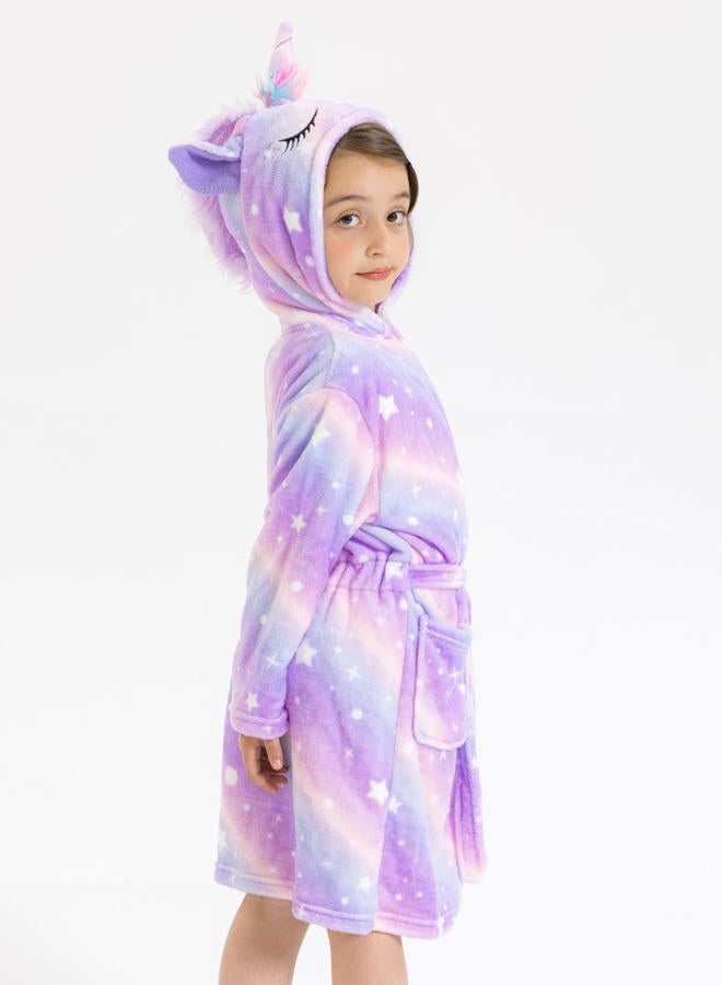 ACTLATI Girls Robe Kids Hooded Bathrobe Unicorn Rainbow Star Leopard Toddler Bath Robe Warm Fuzzy Bathrobes Age 3-8 - Image 4