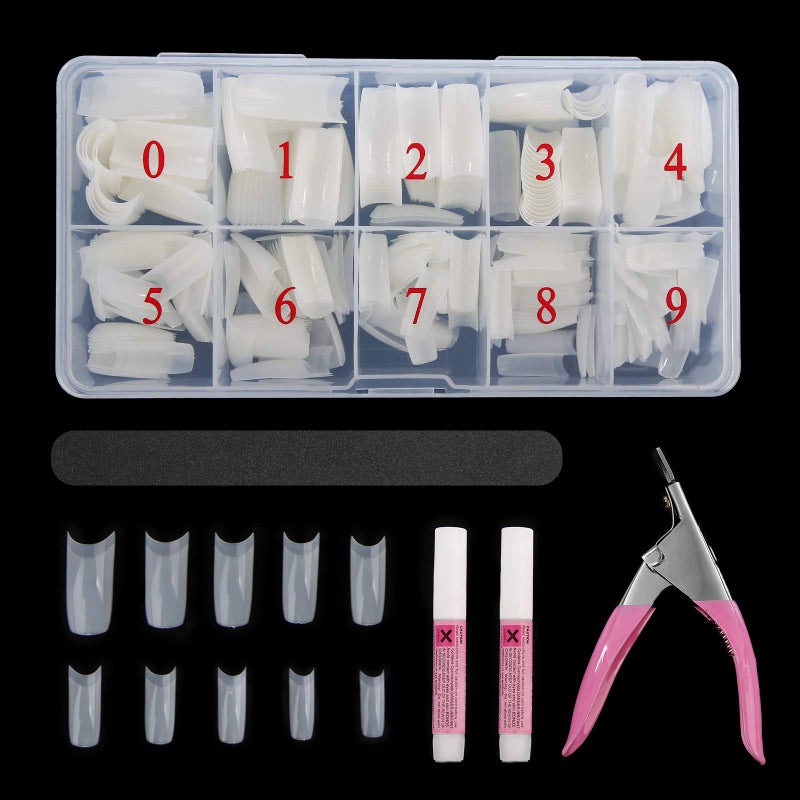 Abodhu Acrylic Natural Nail Tips Kit 500 Pcs French Tip Nails Set Square Half Cover False Nails with Glue, Files, Clipper, Storage Case, Nail Art for Salons and Home DIY, 10 Sizes - Image 1