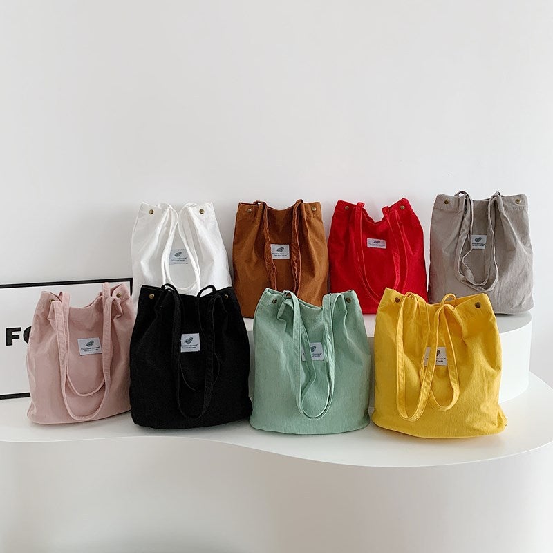 Corduroy Bucket Bag with Feather Charm, Handbag - Image 4
