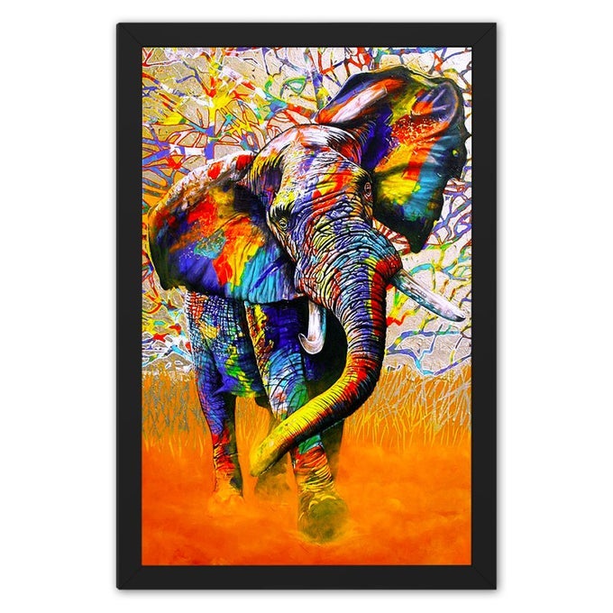 RITWIKAS COLORFUL ELEPHANT RUNNING IN ORANGE FIELD PAINTING WITH BLACK PHOTO FRAME FOR INTERIOR DESIGN AND DECOR NEW HOME MULTICOLORED 95 X 135 IN SET OF 1