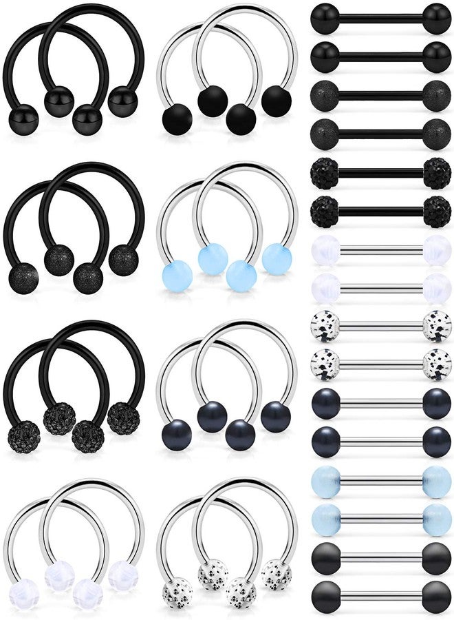 Ftovosyo 16 Pairs 16G Surgical Steel Nipplerings Nipple Tongue Rings Straight & Horseshoe Barbell Hoop Body Piercing Jewelry for Women Men Glow in The Dark Pearl Ball Black 16mm - Image 1