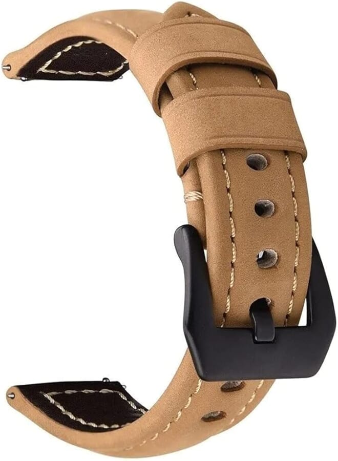 Bikson Handmade Leather Band with Black Stainless Steel Buckle for Samsung Gear S3 / Galaxy Watch 46mm / Huawei GT2 / Fossil - 22mm - Beige