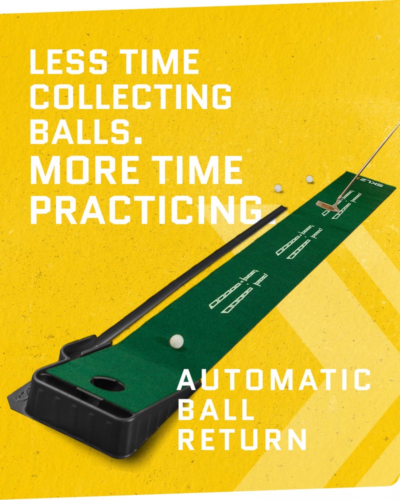 SKLZ ACCELERATOR PRO - Indoor Golf Putting Mat with Auto-Ball Return & Behind-the-Hole Ball Collector - Putter Alignment Guides at 3, 5 & 7 Feet - Rubber-Backed Mat Provides Multi-Surface Stability - Image 4
