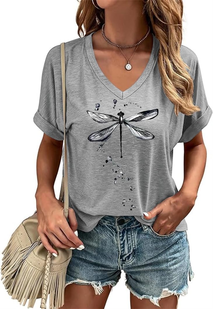 Casual V-Neck Graphic Tees for Women Summer Cute Short Sleeve Dragonfly T-Shirt Tops(Grey-2,XL)
