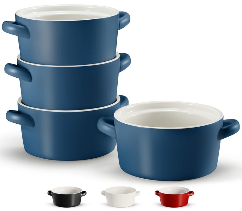 Soup Bowls with Handles Ceramic Oven Safe Bowls Kook Individual Soup Crocks Stackable Dish Broil Oven Microwave and Dishwasher Safe for Casserole Pasta Cereal 236 Oz Set of 4 Matte Blue