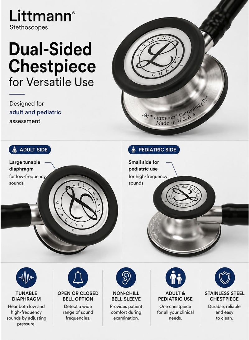 3M Littmann Cardiology IV Diagnostic Stethoscope 6152 Black Tube 27 Inch Professional Cardiology Grade Stethoscope with High Acoustic Sensitivity Dual Sided Stainless Steel Chestpiece Double Lumen Tubing Tunable Diaphragm Soft Sealing Ear Tips Adult and Pediatric Use Non Chill Bell Sleeve Extra Ear Tips for Doctors Nurses Medical Students ICU ED Clinical Examination - Image 4