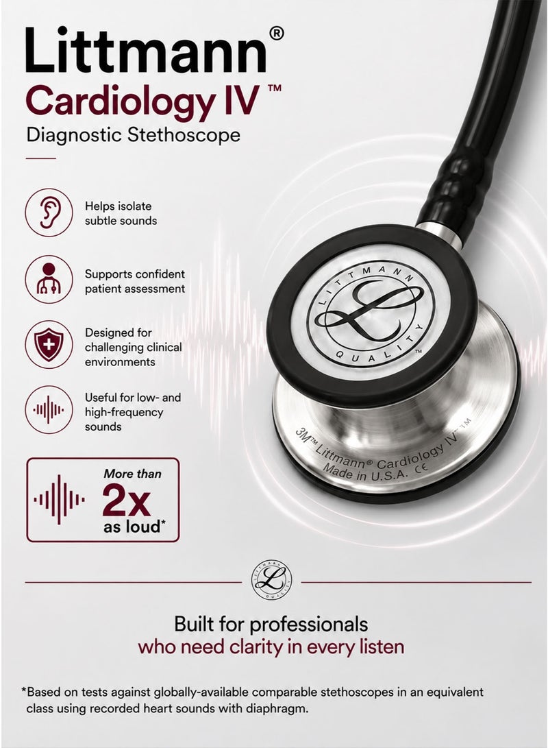 3M Littmann Cardiology IV Diagnostic Stethoscope 6152 Black Tube 27 Inch Professional Cardiology Grade Stethoscope with High Acoustic Sensitivity Dual Sided Stainless Steel Chestpiece Double Lumen Tubing Tunable Diaphragm Soft Sealing Ear Tips Adult and Pediatric Use Non Chill Bell Sleeve Extra Ear Tips for Doctors Nurses Medical Students ICU ED Clinical Examination - Image 3