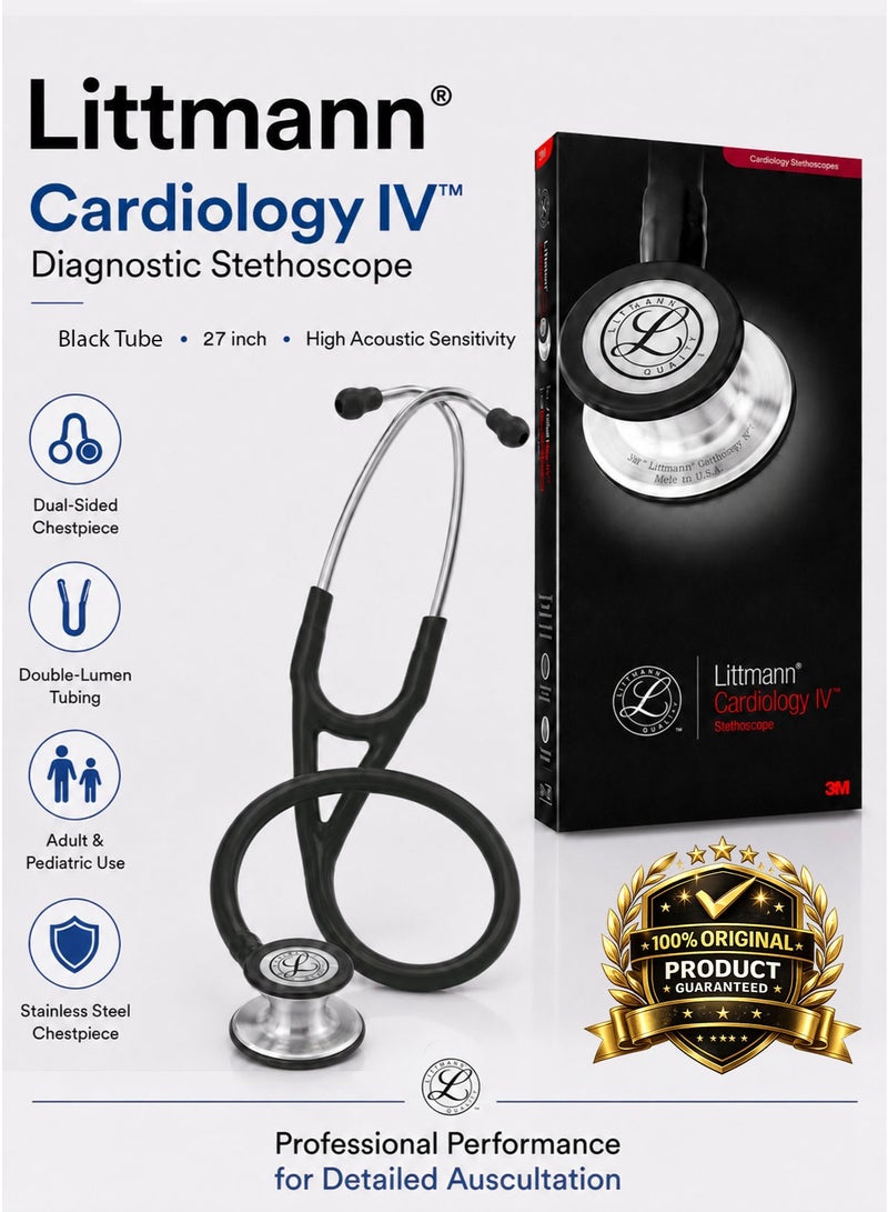 3M Littmann Cardiology IV Diagnostic Stethoscope 6152 Black Tube 27 Inch Professional Cardiology Grade Stethoscope with High Acoustic Sensitivity Dual Sided Stainless Steel Chestpiece Double Lumen Tubing Tunable Diaphragm Soft Sealing Ear Tips Adult and Pediatric Use Non Chill Bell Sleeve Extra Ear Tips for Doctors Nurses Medical Students ICU ED Clinical Examination - Image 1