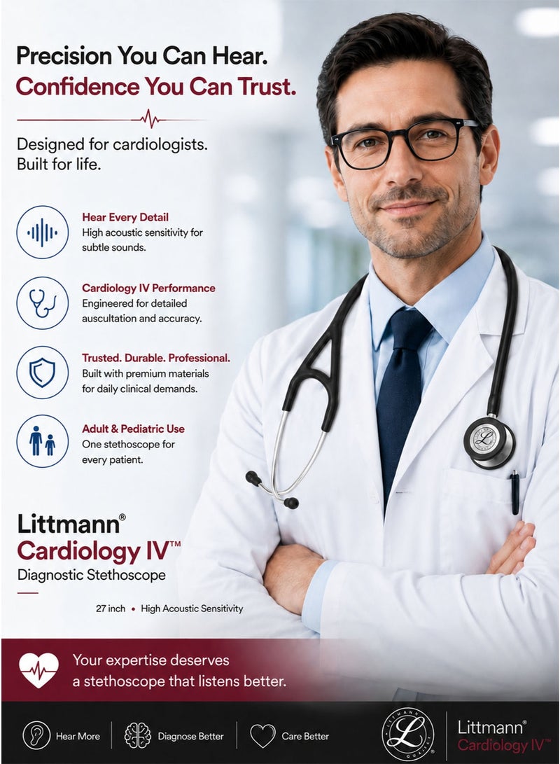 3M Littmann Cardiology IV Diagnostic Stethoscope 6152 Black Tube 27 Inch Professional Cardiology Grade Stethoscope with High Acoustic Sensitivity Dual Sided Stainless Steel Chestpiece Double Lumen Tubing Tunable Diaphragm Soft Sealing Ear Tips Adult and Pediatric Use Non Chill Bell Sleeve Extra Ear Tips for Doctors Nurses Medical Students ICU ED Clinical Examination - Image 2
