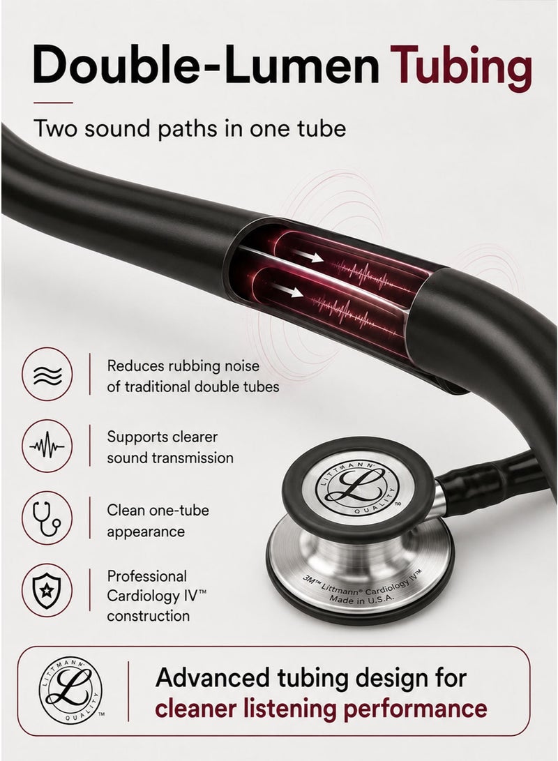 3M Littmann Cardiology IV Diagnostic Stethoscope 6152 Black Tube 27 Inch Professional Cardiology Grade Stethoscope with High Acoustic Sensitivity Dual Sided Stainless Steel Chestpiece Double Lumen Tubing Tunable Diaphragm Soft Sealing Ear Tips Adult and Pediatric Use Non Chill Bell Sleeve Extra Ear Tips for Doctors Nurses Medical Students ICU ED Clinical Examination - Image 5