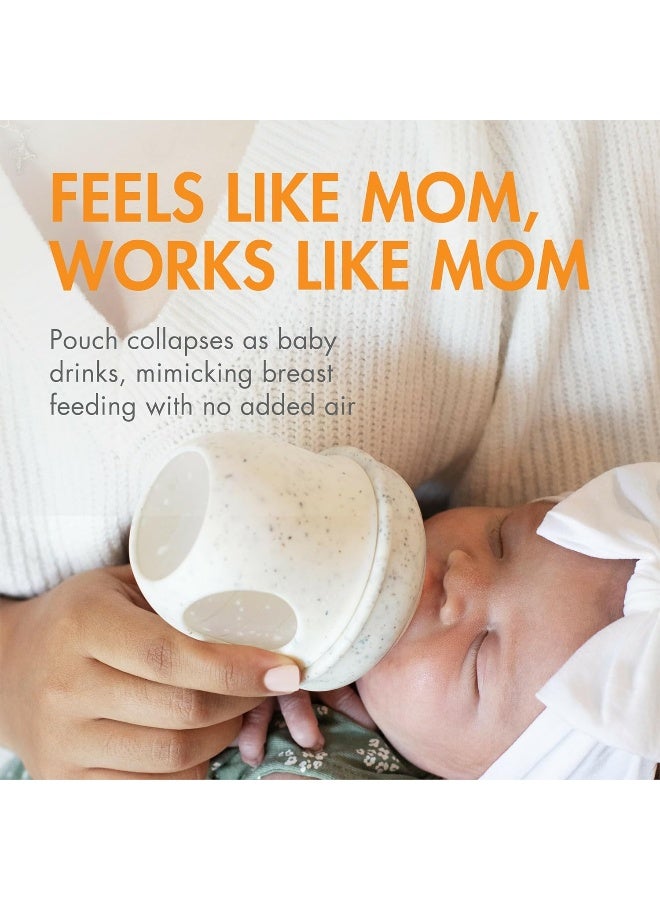 BOON زجاجات بون نورش القابلة لإعادة الاستخدام من السيليكون للأطفال مع تصميم كيس السيليكون القابل للطي - أساسيات الأطفال اليومية - زجاجات الأطفال بتدفق بطيء المرحلة 1 - مرقط - 4 أونصات - 3 قطع - Image 4