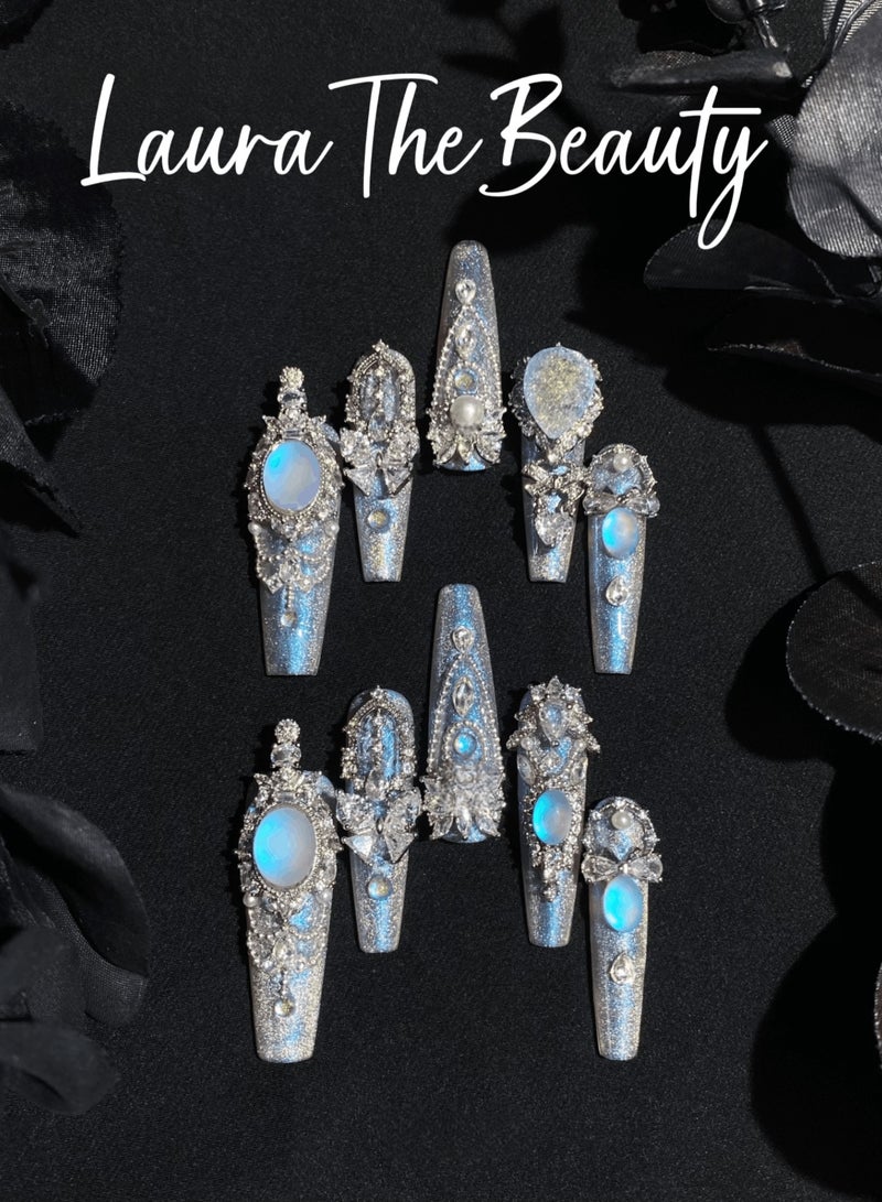 LauraTheBeauty 【BlueFairy】 10 Pcs Rhinestone Nail Art False Nails Short Square Fake Nails Press on Nails with Wearing Tools - Image 1