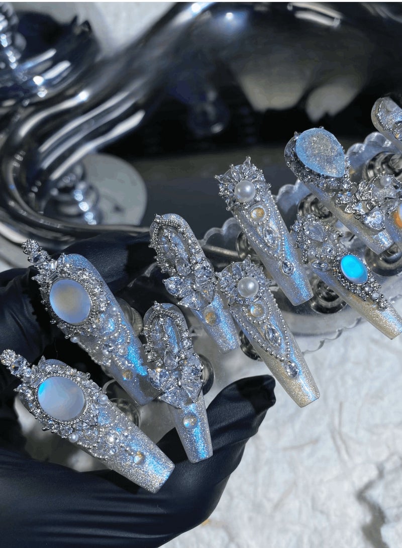 LauraTheBeauty 【BlueFairy】 10 Pcs Rhinestone Nail Art False Nails Short Square Fake Nails Press on Nails with Wearing Tools - Image 3