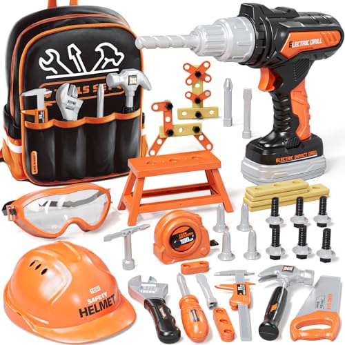 KidBloom Kids Tool Set with Backpack 50 PCS Toddler Pretend Tools with Electronic Toy Drill Safety Helmet DIY Parts Toys for 3 4 Year Old Boys - Image 1