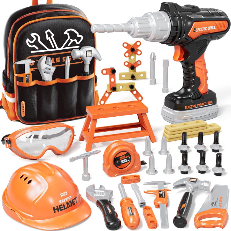 KidBloom Kids Tool Set with Backpack 50 PCS Toddler Pretend Tools with Electronic Toy Drill Safety Helmet DIY Parts Toys for 3 4 Year Old Boys - Image 3