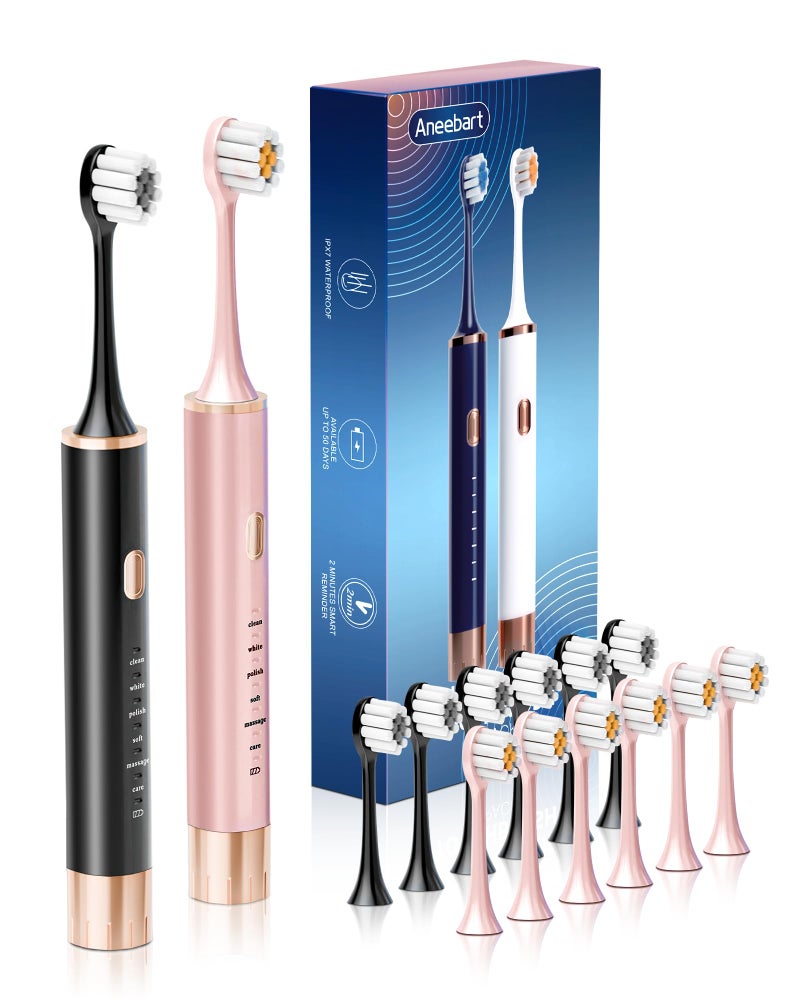 Aneebart Black Pink Electric Toothbrush for Adults 2 Pack ToothbrushUSB Rechargeable Sonic Toothbrush with 12 Brush Heads Smart Timer 6 Modes 2Hour Fast Charge Last 30 Days