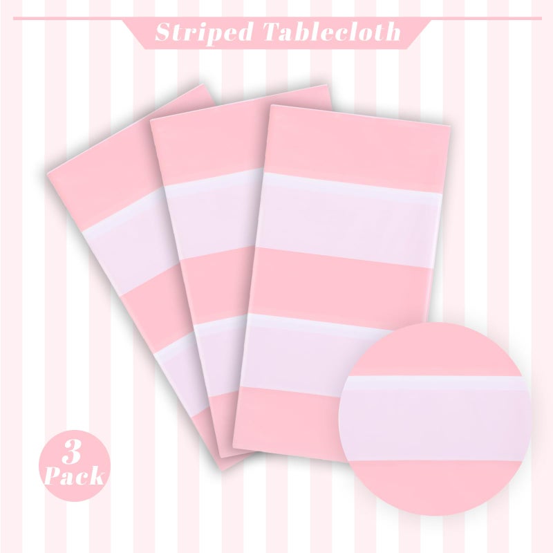 Kesfey 3 Packs Pink and White Vertical Striped Tablecloth 54 x 108 Inch Pink Stripe Table Cloths Disposable Plastic Stripe Table Covers Waterproof Pink Striped Picnic Table Cover for Birthday Party - Image 3