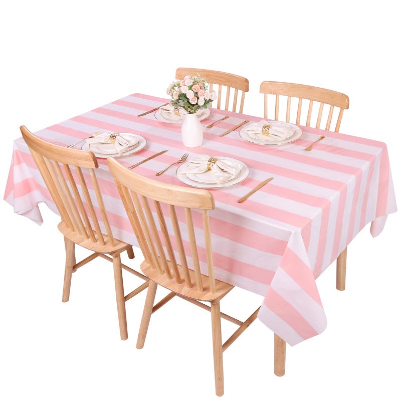 Kesfey 3 Packs Pink and White Vertical Striped Tablecloth 54 x 108 Inch Pink Stripe Table Cloths Disposable Plastic Stripe Table Covers Waterproof Pink Striped Picnic Table Cover for Birthday Party - Image 5