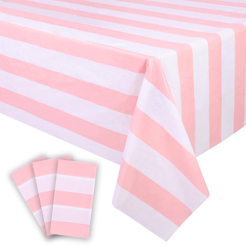 Kesfey 3 Packs Pink and White Vertical Striped Tablecloth 54 x 108 Inch Pink Stripe Table Cloths Disposable Plastic Stripe Table Covers Waterproof Pink Striped Picnic Table Cover for Birthday Party - Image 1