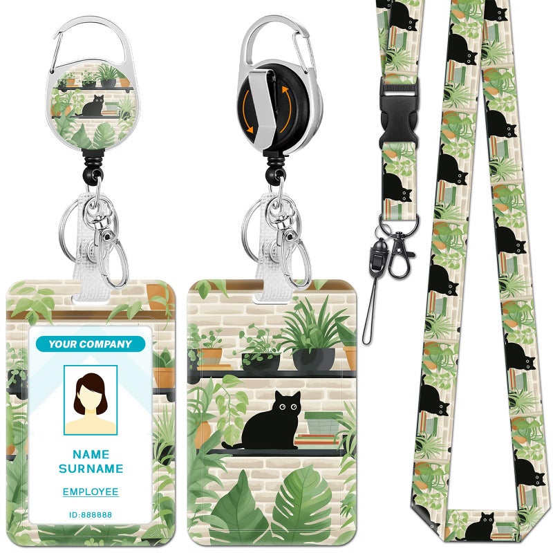 Hancynir Lanyards For Id Badges  Black Cat Leaves Badge Holder With Retractable Reel Clip  Cute Work Name Tags Keychain Lanyard Id Card Protector Cover Case For Women Teacher Nurse Doctor Office - Image 1