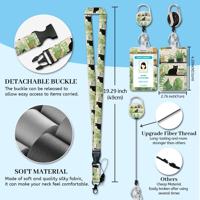 Hancynir Lanyards For Id Badges  Black Cat Leaves Badge Holder With Retractable Reel Clip  Cute Work Name Tags Keychain Lanyard Id Card Protector Cover Case For Women Teacher Nurse Doctor Office - Image 5