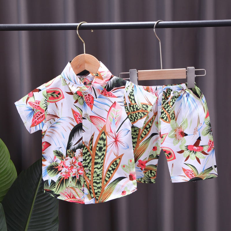 Childrens flower shirt suit small and medium-sized boys full print short sleeve T-shirt two-piece set Southeast Asian style childrens clothing wholesale White