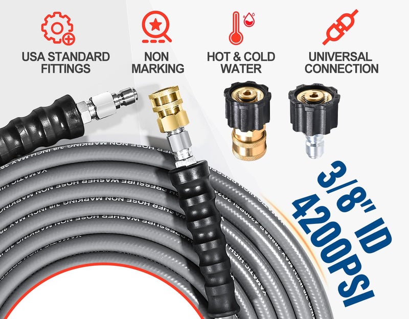 YAMATIC Non Marking 3/8" Pressure Washer Hose 150FT 4200 PSI, Kink Resistant Swivel 3/8" Quick Connect, Rubber Steel Braided Wear Resistant Industry Grade for Hot/Cold Water Gas Power Washer - Image 2