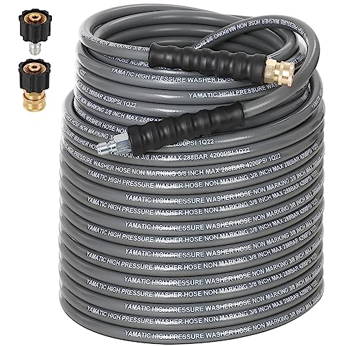 YAMATIC Non Marking 3/8" Pressure Washer Hose 150FT 4200 PSI, Kink Resistant Swivel 3/8" Quick Connect, Rubber Steel Braided Wear Resistant Industry Grade for Hot/Cold Water Gas Power Washer - Image 1