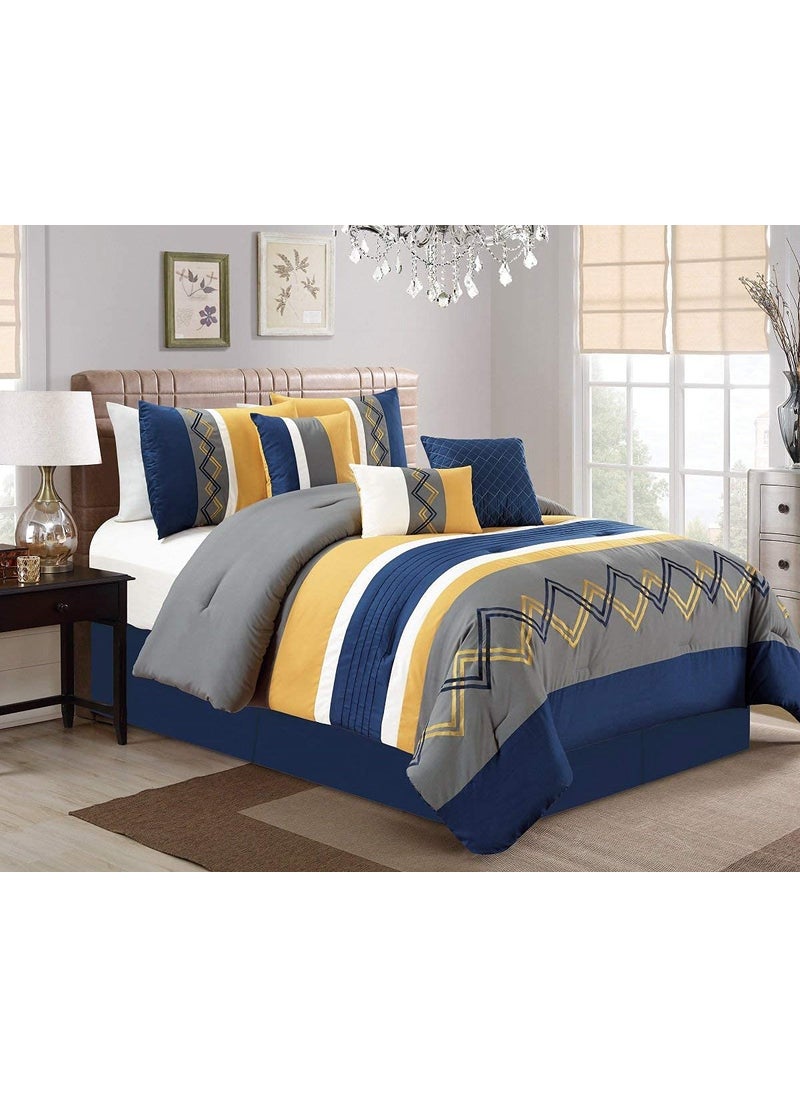 Chezmoi Collection Chezmoi Collection Arden 7Piece Modern Pleated Stripe Embroidered Zigzag Bedding Comforter Set California King NavyGrayYellowWhite 