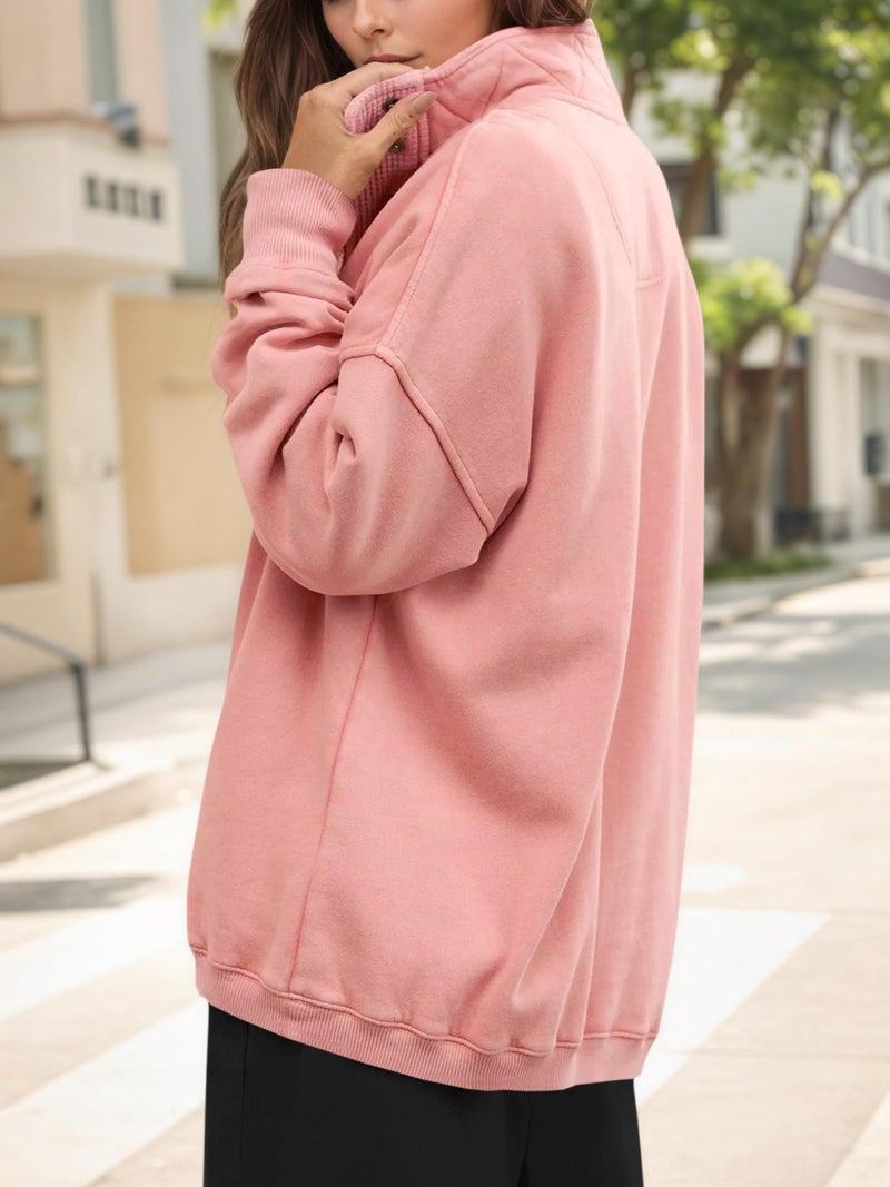 Fisoew Womens Oversized Sweatshirt Casual Snap Stand Collar Long Sleeve Pullover Tops Fall Travel Outfits Pink - Image 3