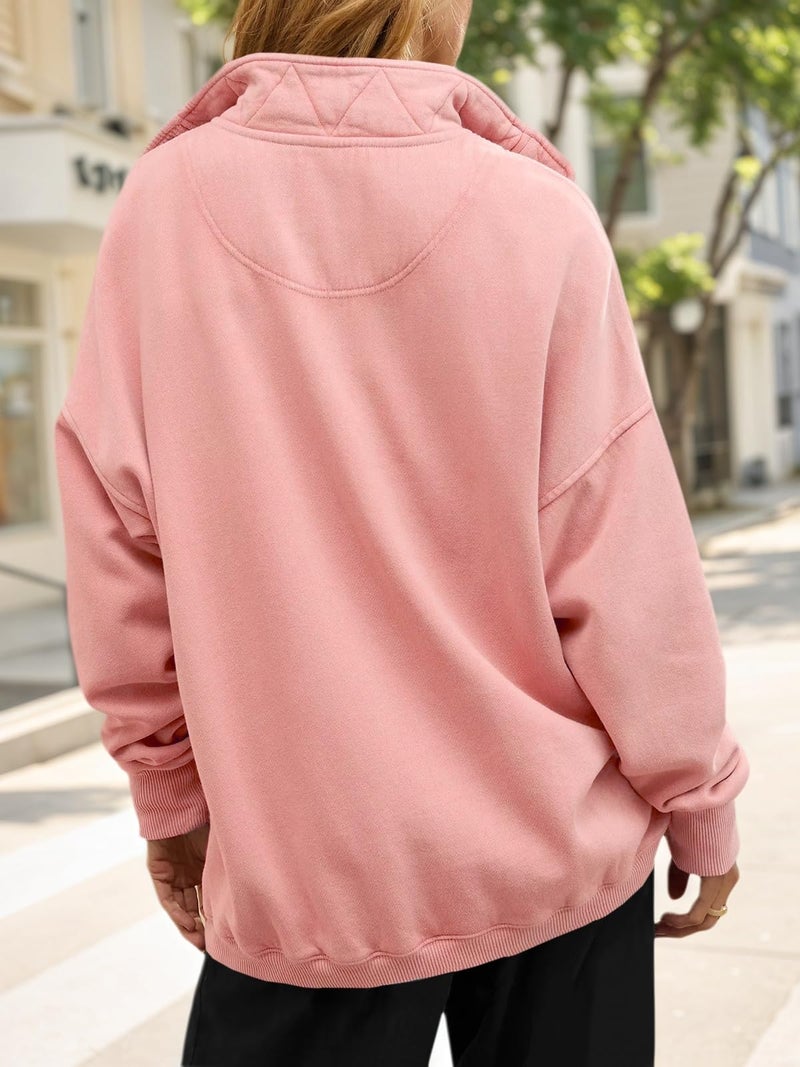 Fisoew Womens Oversized Sweatshirt Casual Snap Stand Collar Long Sleeve Pullover Tops Fall Travel Outfits Pink - Image 4
