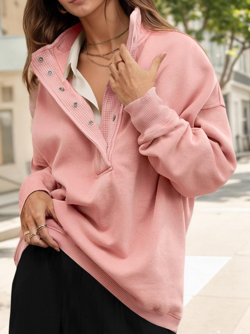 Fisoew Womens Oversized Sweatshirt Casual Snap Stand Collar Long Sleeve Pullover Tops Fall Travel Outfits Pink - Image 2