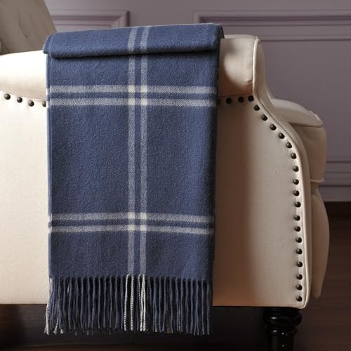 CUDDLE DREAMS Premium Cashmere Throw Blanket with Fringe, Luxuriously Soft (Plaid Blue) - Image 2