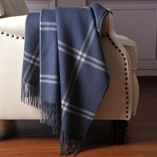 CUDDLE DREAMS Premium Cashmere Throw Blanket with Fringe, Luxuriously Soft (Plaid Blue) - Image 3