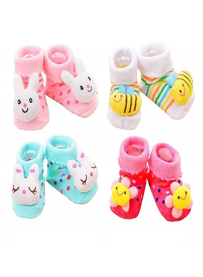 EIO Soft Cotton Fancy Cartoon Face Booties Socks, 0-6 Months (Random Colour, 785) - Pack of 4 - Image 1