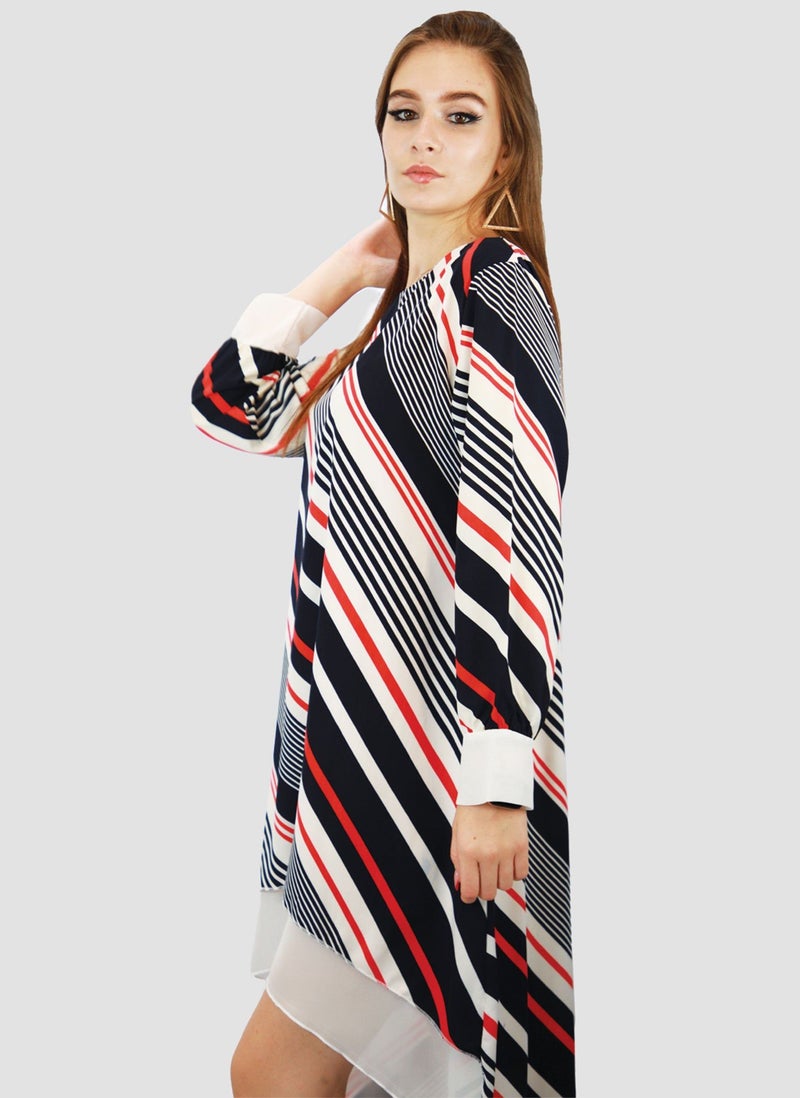 Kidwala Women'S Short Multicolor Print Dress, White Red & Navy Blue Long Back Dress, Strips Dress, Long Sleeve, Chiffon, Round Neckline, White Wristband, Ladies Dress - Image 5