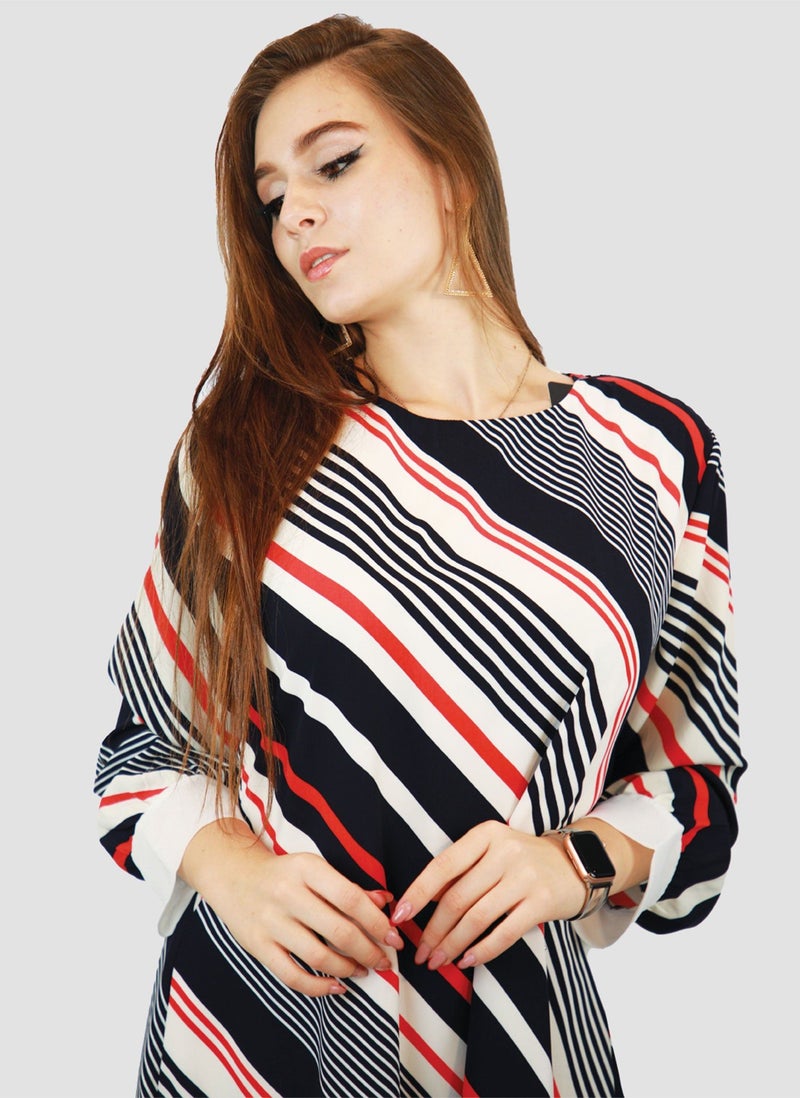 Kidwala Women'S Short Multicolor Print Dress, White Red & Navy Blue Long Back Dress, Strips Dress, Long Sleeve, Chiffon, Round Neckline, White Wristband, Ladies Dress - Image 1