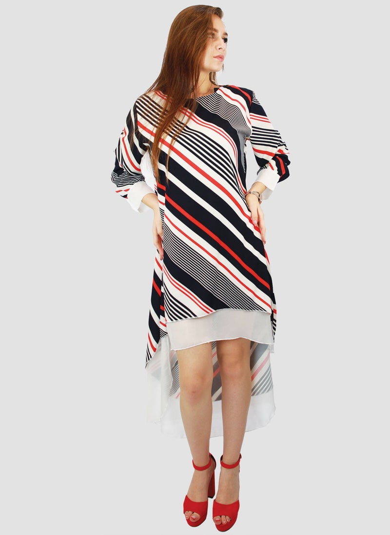 Kidwala Women'S Short Multicolor Print Dress, White Red & Navy Blue Long Back Dress, Strips Dress, Long Sleeve, Chiffon, Round Neckline, White Wristband, Ladies Dress - Image 4