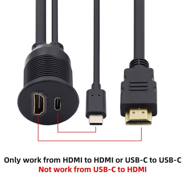 xiwai 2 منافذ مقاومة للماء والغبار USB-C Type-C USB 3.1 وHDMI 4K مع قفل تثبيت وكابل تمديد مسطح للوحة القيادة بطول 3.28 قدم - Image 3